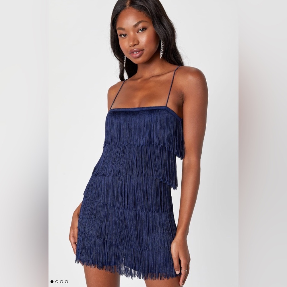 Lulus Grooving All Night Sleeveless Fringe Romper (Navy Blue / XS)